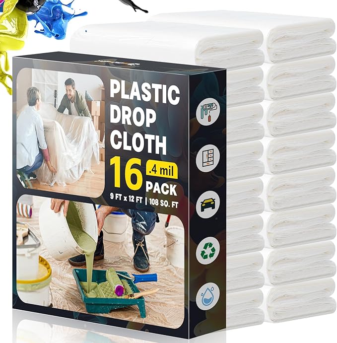 Plastic Drop Cloths for Painting, 9x12 Ft Extra Large Painting Supplies by K212M