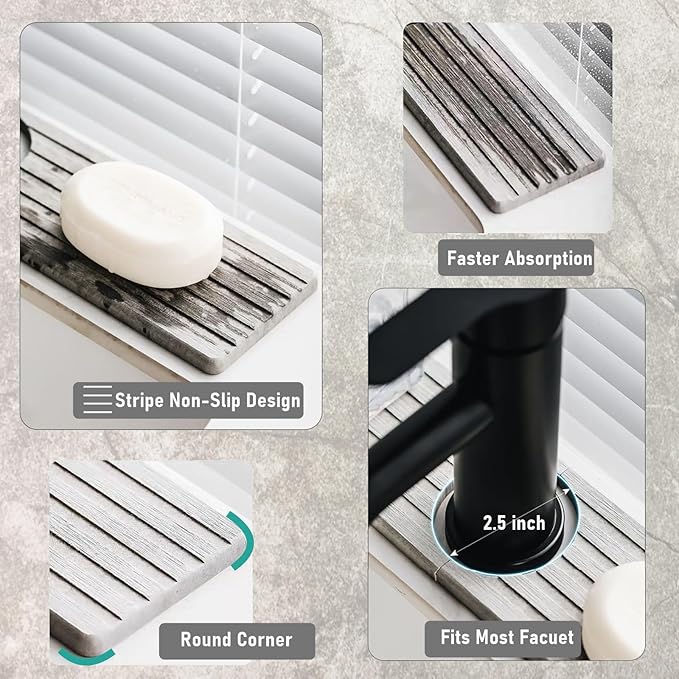WIFORH Faucet Mat for Kitchen Sink, 16 inch Long Diatomite Fast Drying Stone - Image 3
