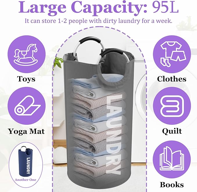 2Pack 95L Big Clothes Hamper for Family, Collapsible Laundry Baskets - Image 2