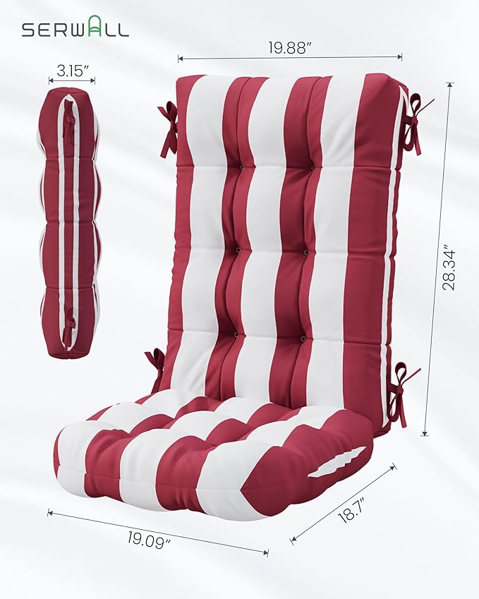 SERWALL HDPE Outdoor Rocking Chair Cushion Set of 4, Memory Foam Cushion Red White - Image 3