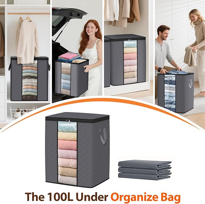 SpaceWhisper 3 Pack 100L Clothes Storage, Foldable Thick Fabric Blanket Storage - Image 6
