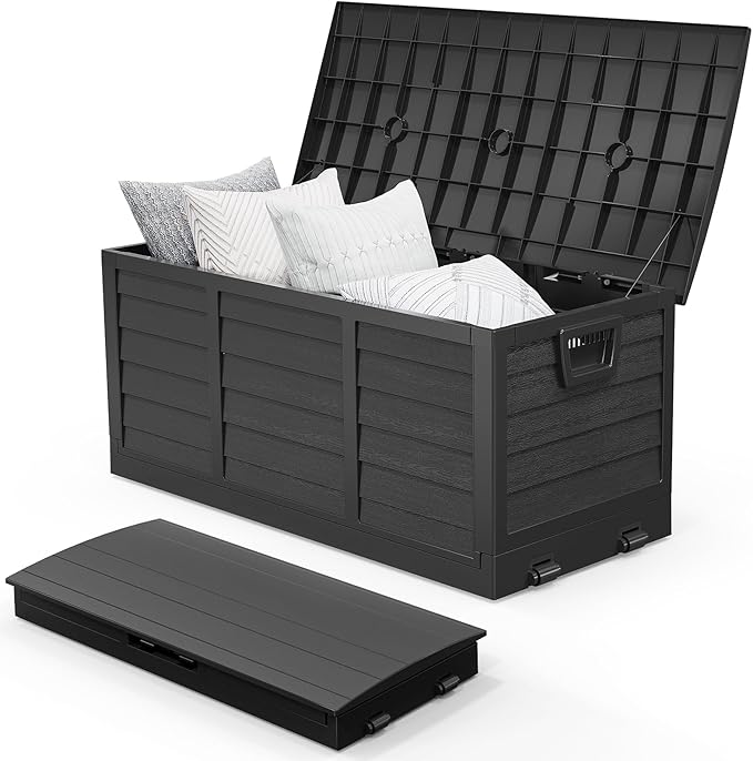 VINGLI 75 Gallon Collapsible Outdoor Storage Box, Simple-to-assemble Plastic Storage Containers with Lid, Patio Deck Box Furniture for Garden, Pool, Balcony, Yard (Full Black) by VINGLI
