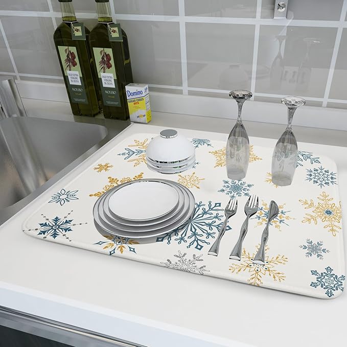Winter Dish Drying Mat for Kitchen Counter Blue Golden Snowflake Holiday Xmas - Image 6