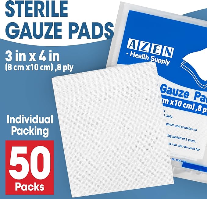 AZEN 50 Pack Sterile Gauze Pads, 8-Ply Cotton Gauze Sponges - Image 2