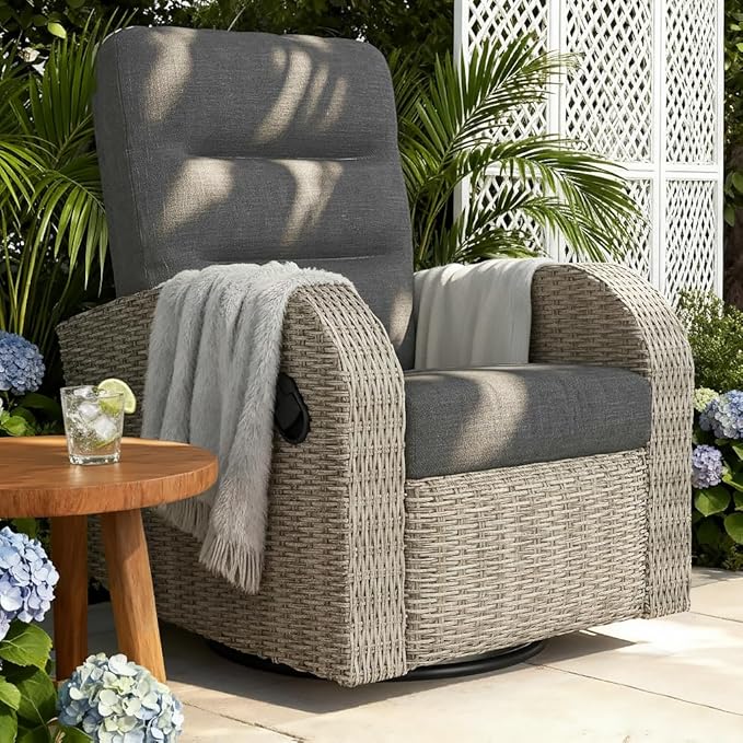 Outdoor Swivel Recliner Chair, All-Weather Wicker Reclining Patio Chair with Adjustable Backrest and Footrest by Vakollia