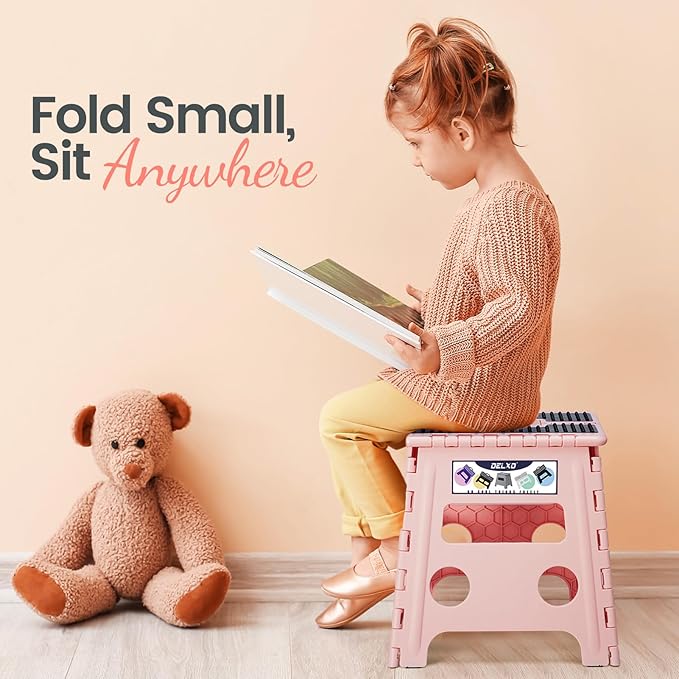 Delxo Folding Step Stool 13 Inch,Non-Slip Foldable Stools for Kids & Adults Up to 300 LBS,Kitchen Collapsible Fold Up Stepping Stool with Dotted 1 Pack,Pink - Image 3