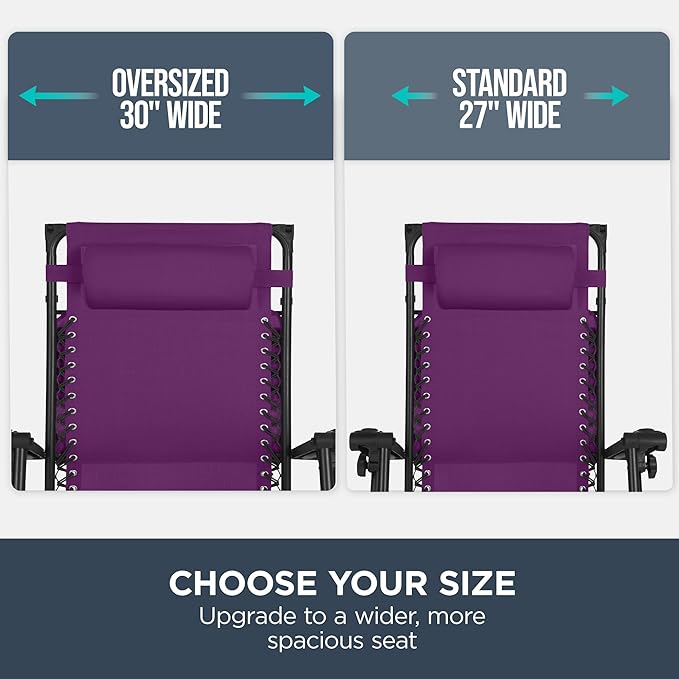 Best Choice Products 30” Wide Folding Zero Gravity Outdoor Recliner Patio Lounge Chair w/Adjustable Canopy Shade, Headrest, Side Accessory Tray - Amethyst Purple - Image 4