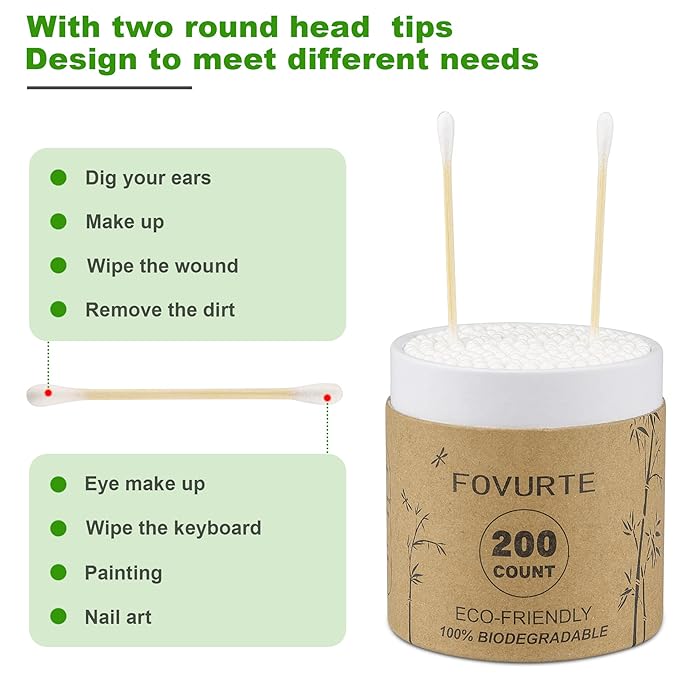 Bamboo Cotton Swabs 400 count, Organic Cotton Swab Round Tips, Natural Wooden - Image 3