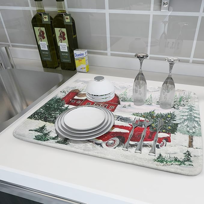 Winter Red Truck Dish Drying Mat Christmas Tree Dishes Pad 18x24 Inch Dish - Image 6