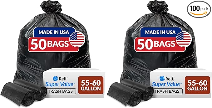 Reli. 55-60 Gallon Trash Bags Heavy Duty | 50 Bags | 50-60 Gallon | Large Black by Reli