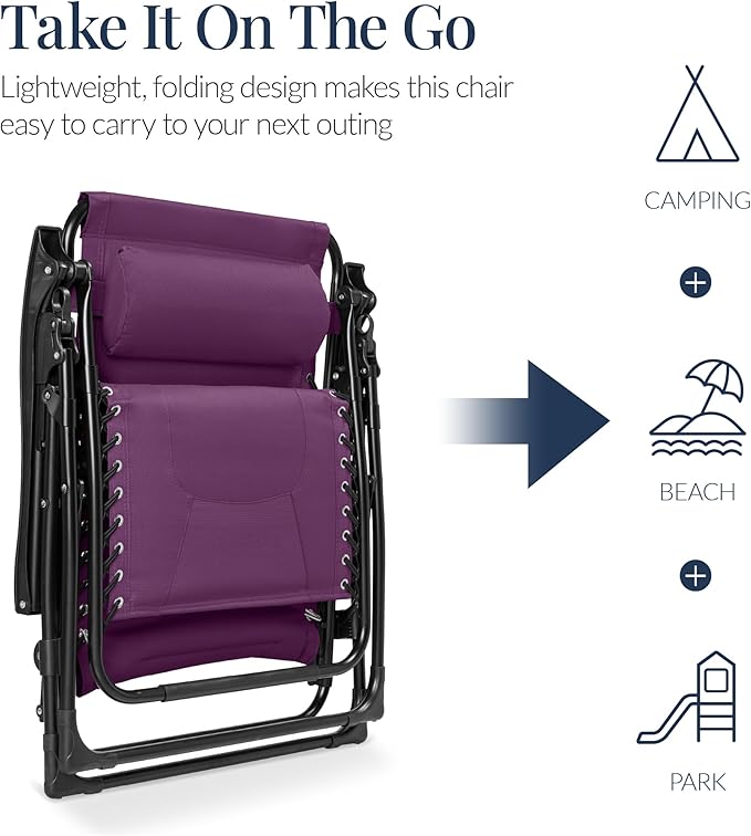Best Choice Products Oversized Padded Zero Gravity Chair, Folding Outdoor Patio Recliner, XL Anti Gravity Lounger for Backyard w/Headrest, Cup Holder, Side Tray, Polyester Mesh - Amethyst Purple - Image 5