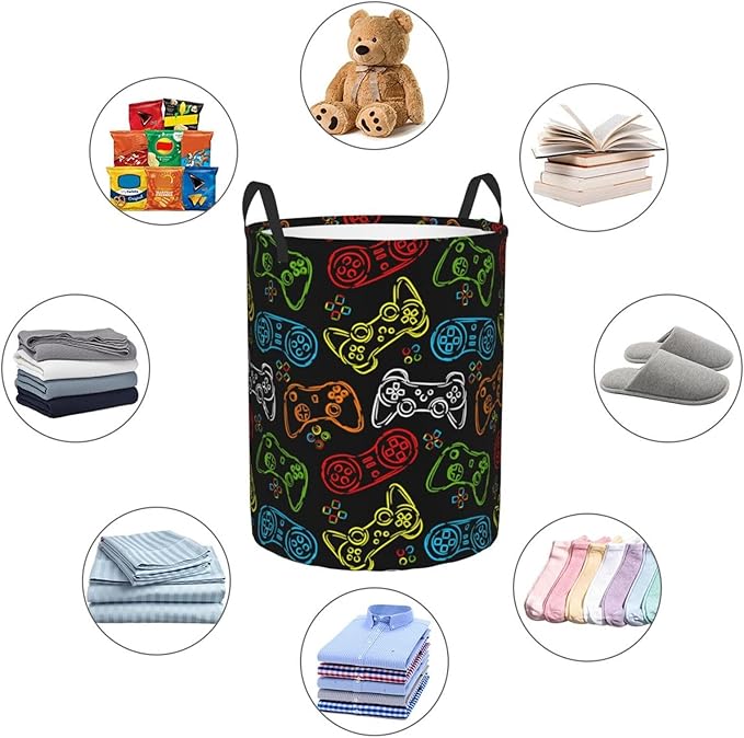 Colorful Game Joystick Silhouettes Laundry Hamper Bag - Image 5