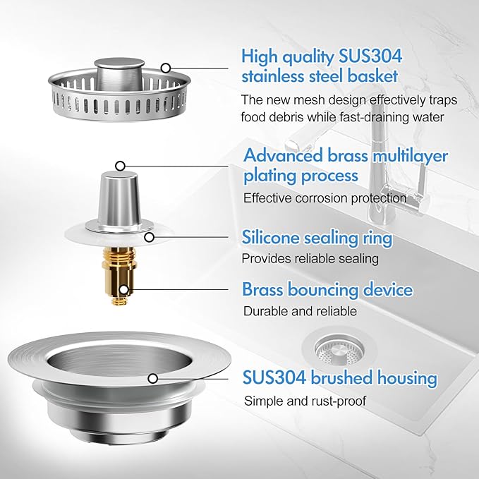 3 in 1 Kitchen Sink Drain Strainer & Sink Stopper, 304 Stainless Steel Pop Up - Image 6