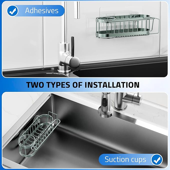 Cisily Sage Green Kitchen Sink Caddy Sponge Holder in the Sink, Stainless Steel - Image 3