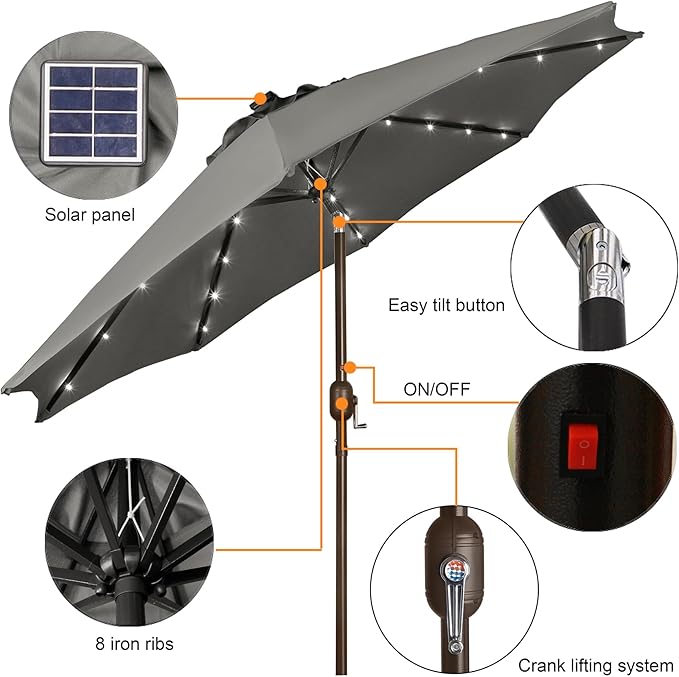 Blissun 9 ft Solar Umbrella, 32 LED Lighted Patio Umbrella, Table Market Umbrella, Outdoor Umbrella for Garden, Deck, Backyard, Pool and Beach (Grey) - Image 2