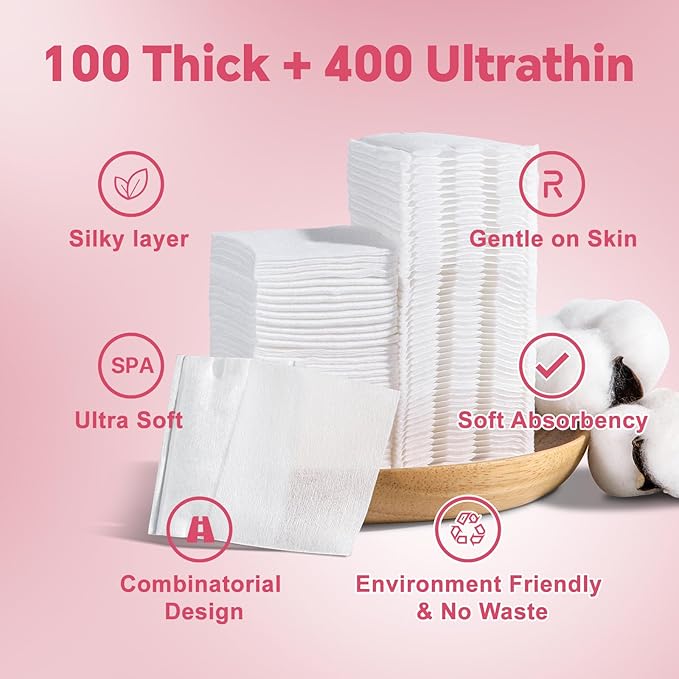Square Makeup Cotton Pads, 100 Thick and 400 Ultra-Thin, Lint-Free Pads - Image 2