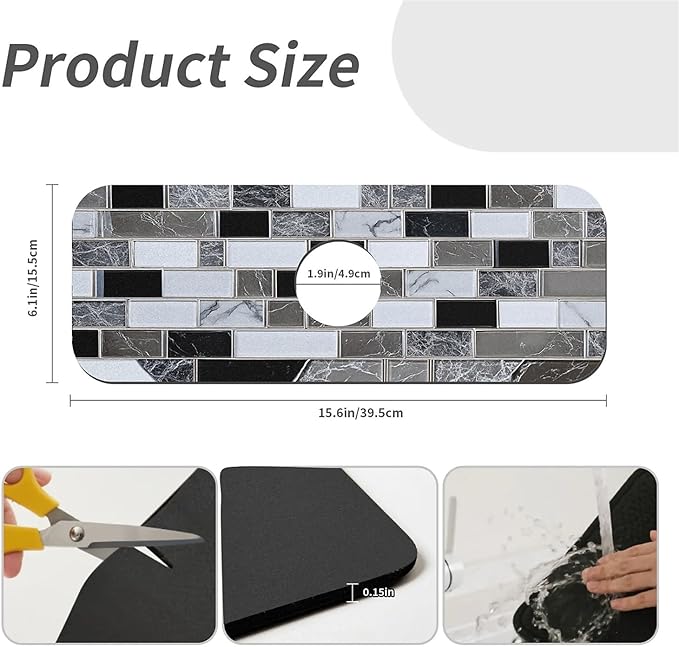 Kitchen Sink Splash Guard，White-black gray tiles Faucet Mat Sink Gadgets-Super - Image 3