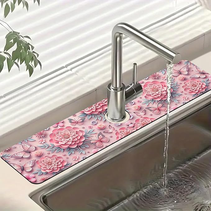 Pink Floral Sink Splash Guard Faucet Mat Flower Butterfly Super Absorbent Fast by Unknown