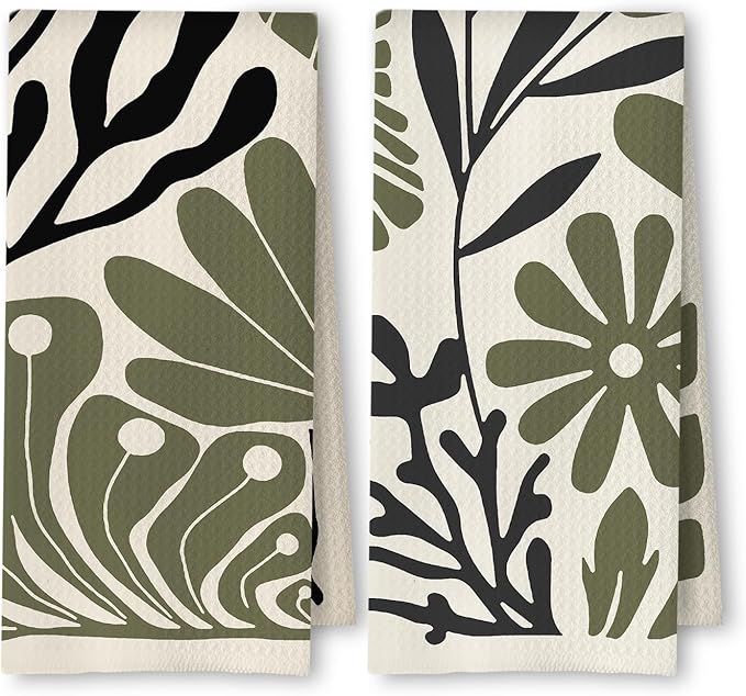 Abstract Green and Black Boho Floral Kitchen Towels Set of 2, 70s Retro Groovy by Unknown