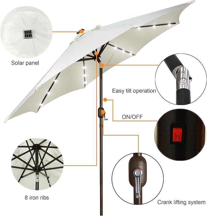 Blissun 9 ft Solar Umbrella, 32 LED Lighted Patio Umbrella, Table Market Umbrella, Outdoor Umbrella for Garden, Deck, Backyard, Pool and Beach (Creamy White) - Image 2