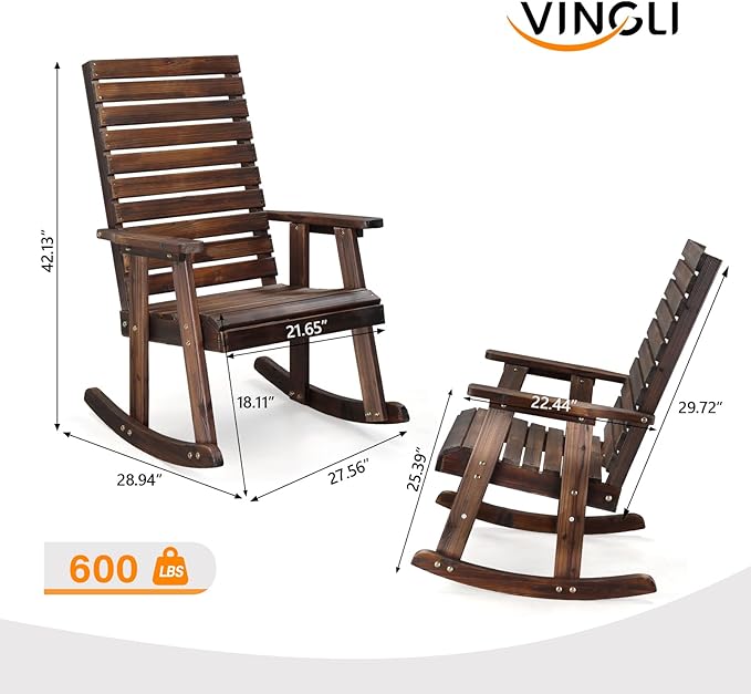 VINGLI Wooden Rocking Chair with High Backrest, Solid Fir Wood, Heavy Duty 600 LBS Patio Rockers for Indoor and Outdoor, Garden, Yard, Patio, Rustic - Image 3