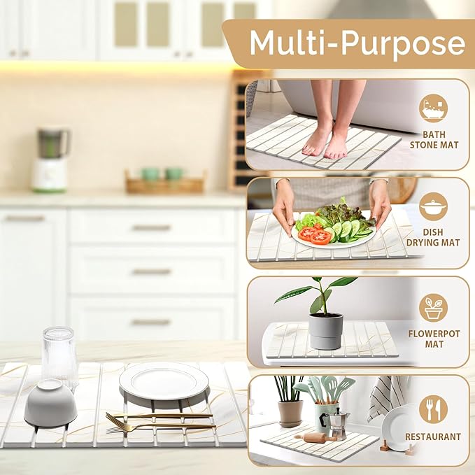 Large Stone Dish Drying Mat for Kitchen Counter, Water Absorbing Diatomaceous - Image 6