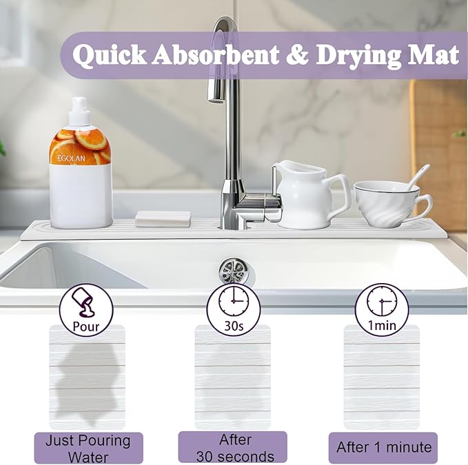 WIFORH Faucet Mat for Kitchen Sink, 24 inch Long Diatomite Fast Drying Stone - Image 4