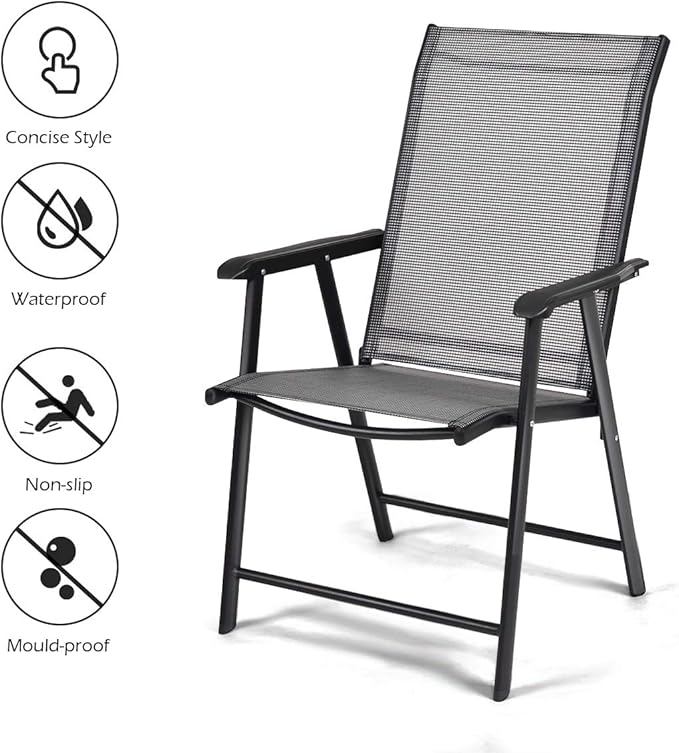 Giantex Set of 4 Folding Patio Chairs, Outdoor Portable Dining Chairs for Garden Camping Poolside Beach Deck Lawn, 4-Pack Sling Armchairs, Metal Frame, Grey - Image 7