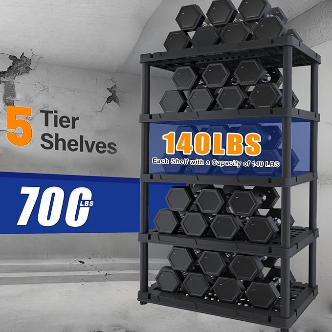 Plastic Storage Shelves, Plastic Heavy Duty Shelves 16.93" D x 35.43" W x 72.44" H,5-Tier Garage Storage Shelving, Shelving Units and Storage - Image 4