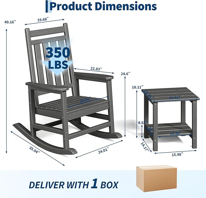 HDPE Rocking Chair Outdoor Set of 2 with Side Table - Poly High Back Porch Rocker Chairs for Adults - All Weather Resistant Furniture for Patio Front Porch - Gray - Image 2