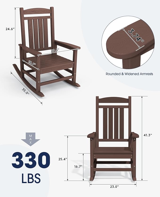 KINGYES Outdoor Rocking Chair Set 2, All Weather HDPE Patio Rocking Chairs for Adults, Coffee Brown - Image 3