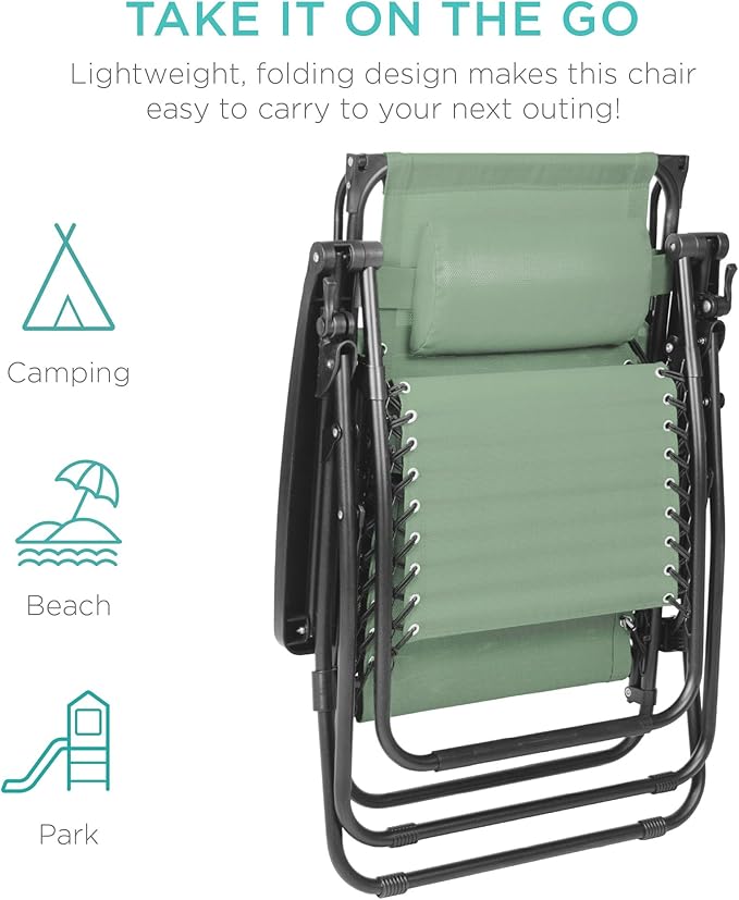 Best Choice Products Folding Zero Gravity Outdoor Recliner Patio Lounge Chair w/Adjustable Canopy Shade, Headrest, Side Accessory Tray, Textilene Mesh - Sage Green - Image 7
