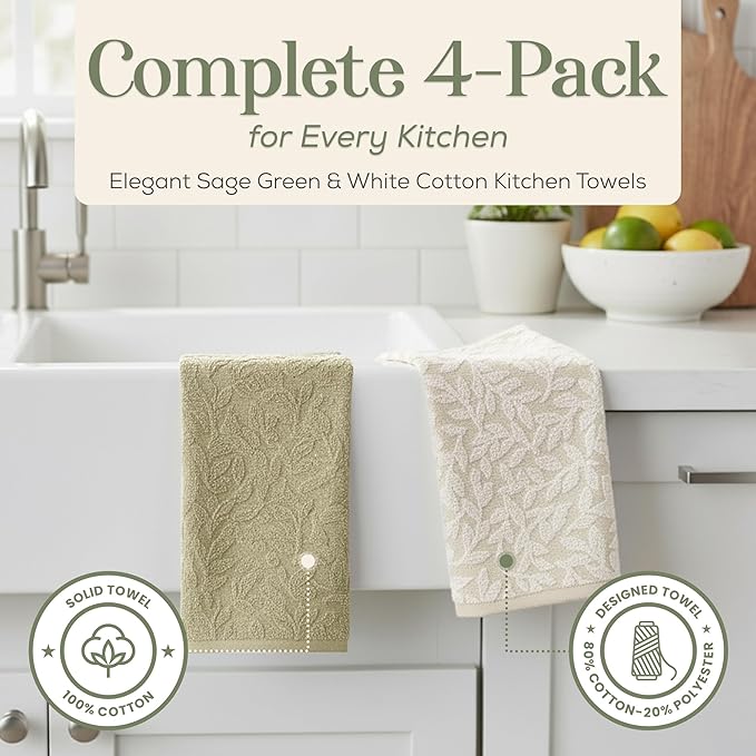 MosJos 4 Pack Hand Towels, Cotton Sage Green and White Floral Kitchen Towel - Image 2