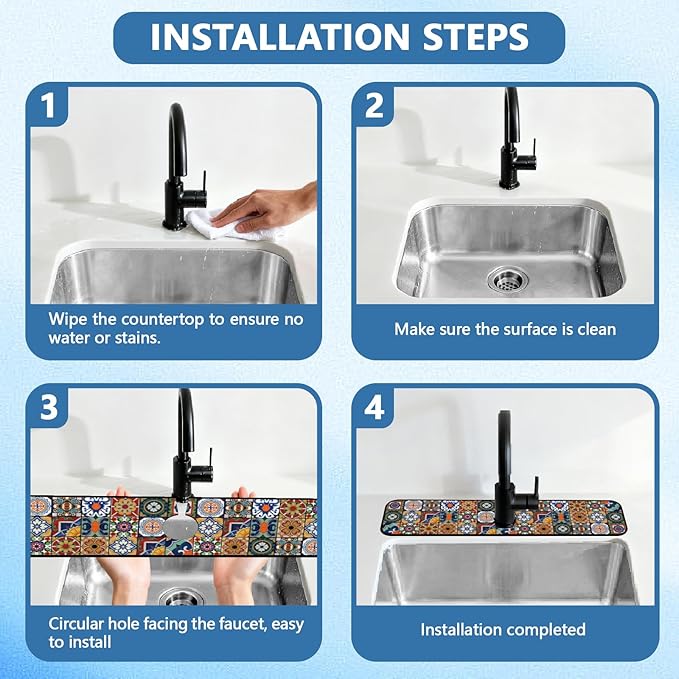2 Pcs Kitchen Sink Splash Guard Faucet Mats Colored Bohemian Tiles Pattern - Image 4