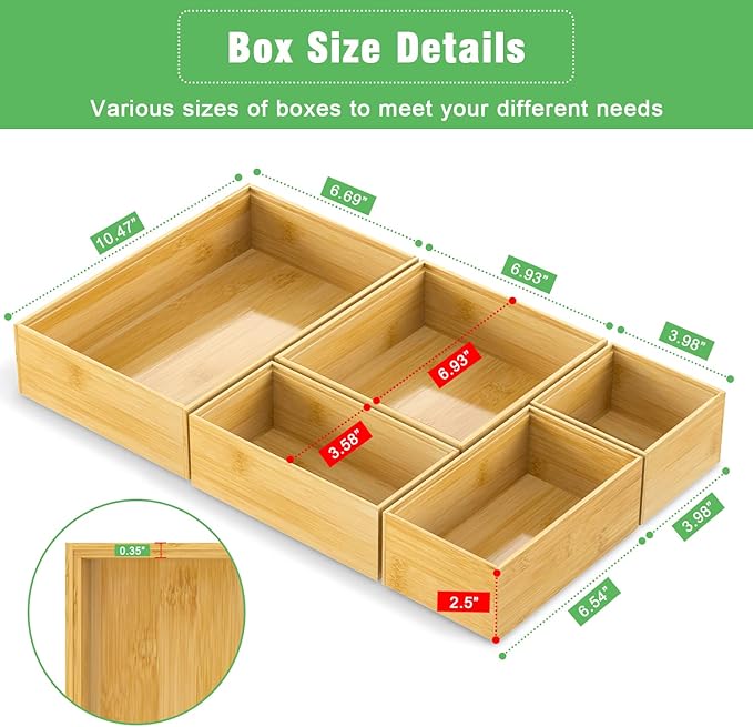 Bamboo Bathroom Drawer Organizer Dividers, Wooden Kitchen Utensil Holder Set of - Image 2
