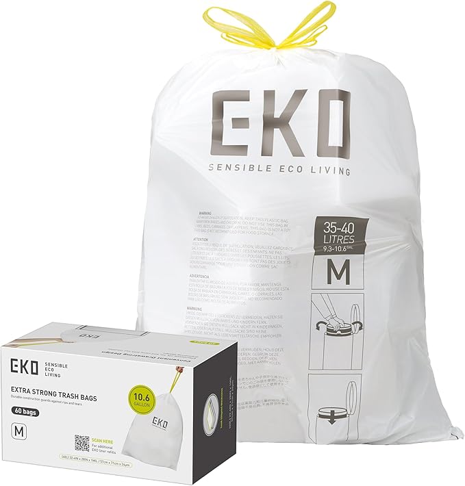 EKO 10.6 Gallon / 35–40 Liter Drawstring Trash Bags, Extra-Strong Leak-Resistant by EKO