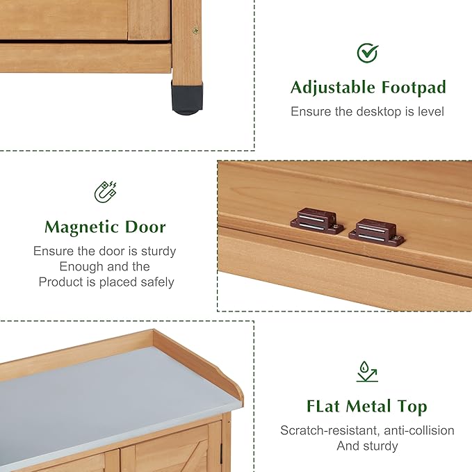 Outdoor Storage Cabinet & Potting Bench Table with Metal Top, Wooden Patio Furniture, Garden Workstation (Light Brwon, 39x31.5x17in) - Image 6