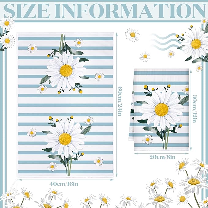 Boyiee Set of 6 Daisy Flower Kitchen Towels Daisy Stripes Tea Towels Floral - Image 4