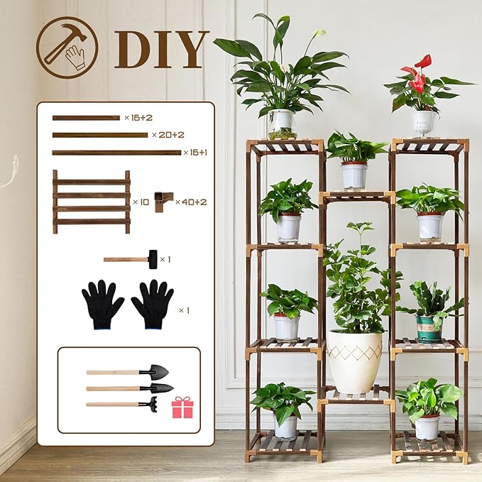 Uneedem Plant Stand Indoor Outdoor, Tall Plant Shelf for Multiple Plants, 10 tiers 11 Pot Large Plants Holder Rack Wood Plant Shelves for Room Corner Balcony Garden Patio - Image 6