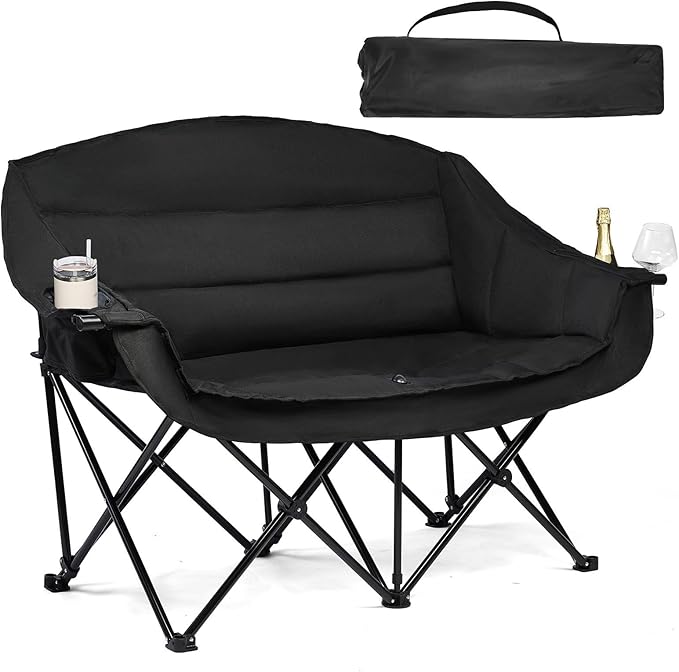 Double Camping Chair Padded Loveseat Chair for 2 Person - Heavy Duty Oversized Camping Couch for Adults Outdoor Sports Lawn Beach Portable Folding XL Chairs with Cup Holders and Carry Bag, All Black by PUVASIA