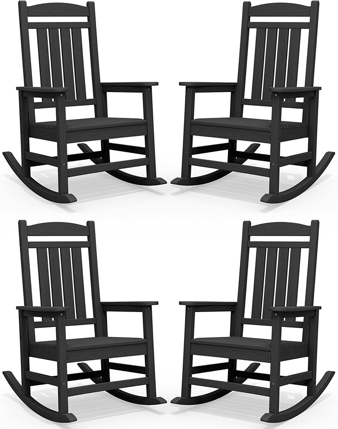 SERWALL HDPE Outdoor Rocking Chair Set of 4, Patio Rocking Chairs, All-Weather Porch Rockers for Adults, Black by SERWALL
