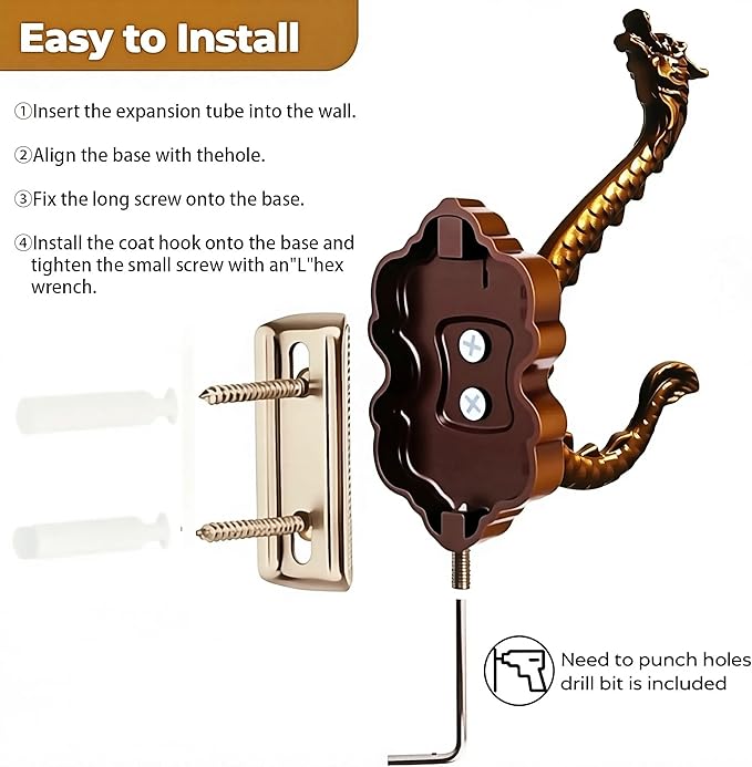 3 Pack Coat Hooks Metal Vintage Dragon Shape Hooks, Heavy Duty Large Double Hook - Image 3