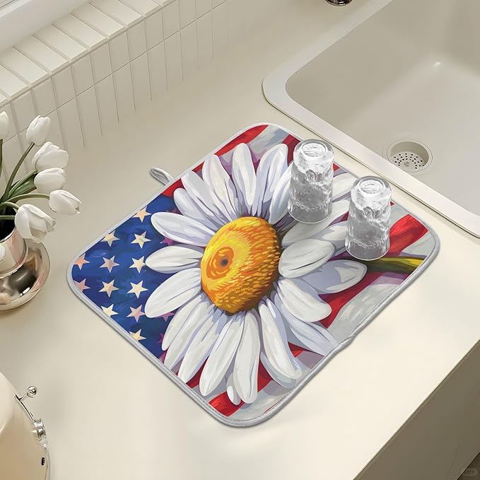 Daisy Flowers and American Flag Dish Drying Mat - Image 7