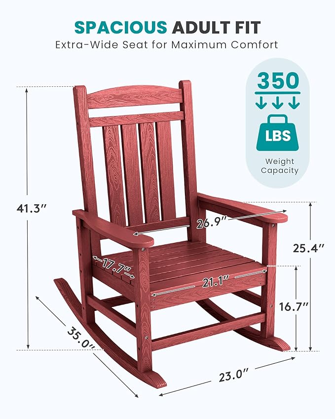 SERWALL Oversized Outdoor Rocking Chair, All-Weather Patio Rocking Chair, HDPE Porch Rocker for Adults, Red - Image 3