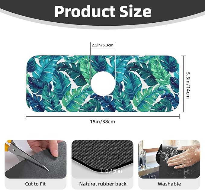 Green Tropical Palm Leaf Summer Kitchen Sink Splash Guard Faucet Mat 1 Pcs - Image 2