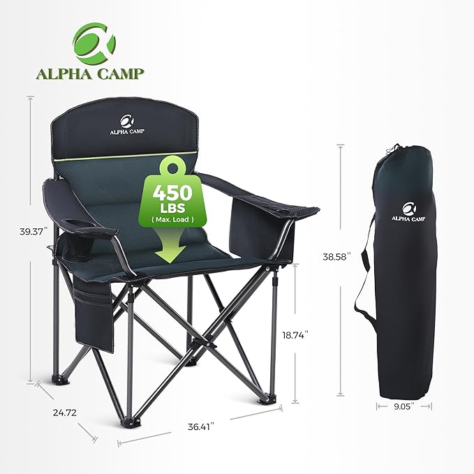 ALPHA CAMP Heavy Duty Camping Chair 500LBS Capacity, Oversized Folding Chair for Heavy People, Padded Portable Outdoor Chair with Cooler Bag & Cup Holder for Camping, Fishing, Beach - Image 2
