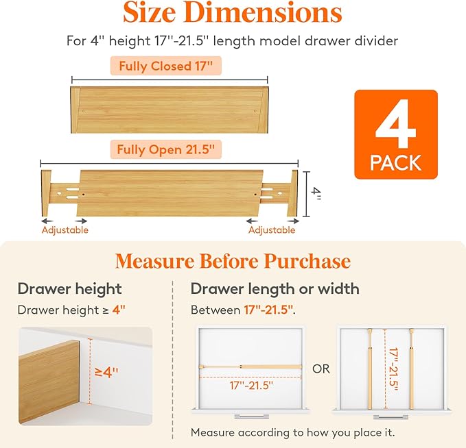 Lifewit 4" High 4 Pack Bamboo Drawer Dividers 43-54cm/17-21.5" Adjustable - Image 2