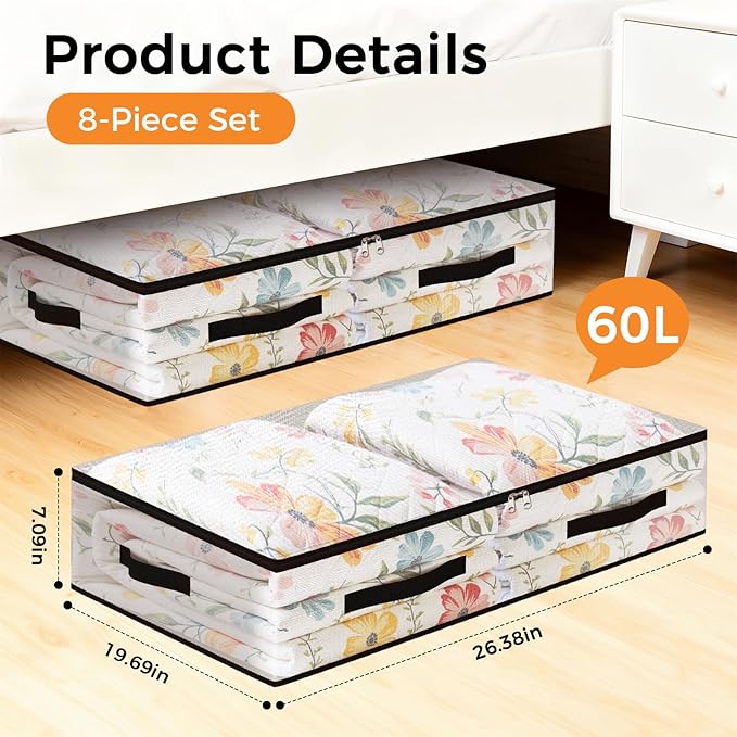 8 Pack Under Bed Storage Bags, 60L Foldable Clear Storage Containers - Image 2