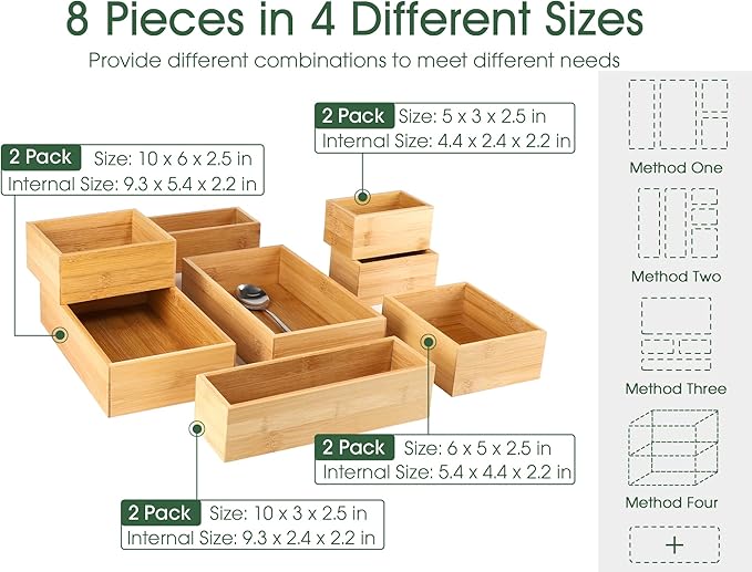 Kootek 8 Pcs Bamboo Drawer Organizer Utensil Tray Kitchen Storage Box 4-Size - Image 2