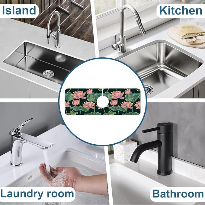 Lotus Pond Pattern Sink Splash Guard Faucet Mat Lotus Flowers Leaves Super - Image 7